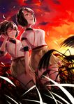  hyuuga_(kantai_collection) ise_(kantai_collection) japanese_clothes kantai_collection kuchinashi_(rapido) md5_mismatch multiple_girls nontraditional_miko one_eye_closed red_eyes smile sunset 