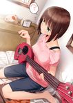  ? barefoot bass_guitar bike_shorts brown_hair green_eyes guitar highres idolmaster idolmaster_cinderella_girls instrument maekawa_miku off-shoulder_shirt pino_(birthdayparty) shirt short_hair shorts sitting solo spoken_question_mark wariza 