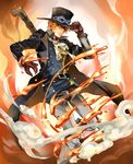 belt blonde_hair brown_gloves fire gloves goggles goggles_on_headwear hat hat_tip highres long_coat male_focus marcia_(sthforlove) one_piece sabo_(one_piece) smoke solo top_hat 