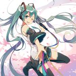  aqua_eyes aqua_hair bare_shoulders black_legwear detached_collar hair_ornament hatsune_miku huanxiang_heitu long_hair long_sleeves microphone microphone_stand one_eye_closed open_mouth petals shirt skirt smile solo thighhighs twintails very_long_hair vocaloid wide_sleeves wind zettai_ryouiki 