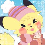  &gt;_&lt; &lt;3 ambiguous_gender beverage black_nose blush candy candy_cane christmas cloud dipstick_ears fluffy fluffy_tail food fur hat holidays hot_chocolate icon nintendo pikachu pixelyteskunk pok&eacute;mon pok&eacute;mon_(species) scarf snow solo tongue tongue_out video_games yellow_fur 