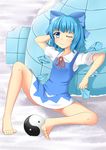  3: 3; ;( against_wall barefoot blue_eyes blue_hair blush bow cirno collared_shirt commentary dress feet frown hair_bow head_rub ice ice_wings igloo kyouran large_bow legs looking_at_viewer one_eye_closed orb shirt short_hair sitting snow snow_shelter solo spread_legs toes touhou wings yin_yang 