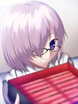  fate/grand_order fate_(series) glasses hair_over_one_eye highres looking_at_viewer mash_kyrielight purple_eyes purple_hair skylader smile solo 
