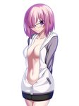  blush breasts fate/grand_order fate_(series) glasses hair_over_one_eye highres hood hoodie looking_at_viewer mash_kyrielight medium_breasts naked_hoodie navel purple_eyes purple_hair short_hair skylader solo symbol-shaped_pupils unzipped 
