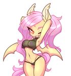  anthro anthrofied areola bat_pony blush breasts clothed clothing fangs female flutterbat_(mlp) fluttershy_(mlp) friendship_is_magic hair hands_behind_head inner_ear_fluff monstrenoir my_little_pony navel nipples no_pupils one_eye_closed panties pink_hair pubes pussy simple_background skimpy smile solo teeth three-quarter_portrait translucent transparent_clothing underwear white_background wide_hips wings yellow_skin 