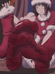  1girl blush boots brown_eyes brown_hair feet holding holding_shoes long_hair looking_at_viewer maku_(l-u) pov pov_feet red_legwear santa_costume shoes shoes_removed socks soles steam 