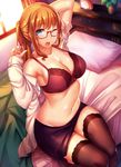  adjusting_hair alarm_clock arm_behind_head arms_up bangs bed_sheet bedroom black_bra black_legwear black_skirt blonde_hair blue_eyes blush bra breasts cleavage clock copyright_request curtains from_above glasses hair_tie highres indoors large_breasts legs_together light_particles long_hair long_sleeves looking_at_viewer miniskirt mokyu nail_polish navel off_shoulder on_bed one_eye_closed open_clothes open_mouth open_shirt orange_hair pencil_skirt pillow pink_nails plant ponytail potted_plant red-framed_eyewear red_bra semi-rimless_eyewear shirt sidelocks sitting skirt solo strap_gap sunlight thigh_gap thighhighs tying_hair under-rim_eyewear underwear white_shirt wince window yawning zettai_ryouiki 