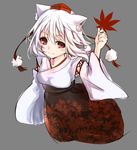  animal_ears ashisi bad_id bad_pixiv_id blush grey_background hat highres inubashiri_momiji japanese_clothes leaf long_sleeves looking_at_viewer maple_leaf pom_pom_(clothes) red_eyes shirt short_hair simple_background skirt smile solo string tail tokin_hat touhou white_hair wide_sleeves wolf_ears wolf_tail 