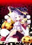  alternate_headwear animal_ears autumn_leaves candy detached_collar food hat hat_ribbon hikanyan inubashiri_momiji jack-o'-lantern lollipop long_sleeves looking_at_viewer mouth_hold outstretched_arm pink_eyes pom_pom_(clothes) ribbon shirt silver_hair sitting skirt smile solo tail touhou wide_sleeves witch_hat wolf_ears wolf_tail 