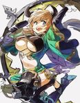  :d aqua_eyes blue_eyes breasts carmelina_(granblue_fantasy) covered_nipples draph granblue_fantasy high_heels horns large_breasts light_brown_hair long_hair looking_away looking_to_the_side mebiuu multicolored multicolored_eyes navel open_mouth pointy_ears purple_eyes simple_background smile solo thighhighs underboob underboob_cutout white_background 