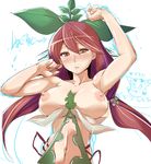  arms_up blush breasts brown_eyes brown_hair granblue_fantasy hair_between_eyes large_breasts leaf leaf_on_head long_hair looking_at_viewer low_twintails monchan_rev3 navel nipples plant_girl solo tears twintails upper_body very_long_hair wardrobe_malfunction yggdrasil_(granblue_fantasy) 