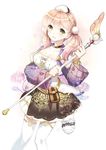  atelier_(series) atelier_escha_&amp;_logy bad_id bad_pixiv_id bag belt belt_pouch blush bracelet braid choker cowboy_shot cropped_jacket escha_malier floral_background green_eyes hat holding holding_weapon jewelry khj long_hair pink_hair pom_pom_(clothes) pouch skirt smile solo thighhighs twintails wand weapon white_legwear zettai_ryouiki 