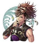  armor brown_eyes brown_hair fire_emblem fire_emblem_if frontier_town gauntlets hinata_(fire_emblem_if) male_focus mask ponytail scar solo white_background 