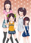  4girls artist_request bangs black_legwear blunt_bangs child daisuke_(kindandowa) denim_skirt dress eyes_closed flat_chest loli multiple_girls ponytail sanshimai_to_sofu short_dress shorts side_ponytail skirt thighhighs twintails 