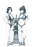  2girls bellows_(suisei_no_gargantia) breasts cleavage earrings glasses hoop_earrings jewelry long_hair monochrome multiple_girls ridget_(suisei_no_gargantia) semi-rimless_glasses smile suisei_no_gargantia swimsuit 