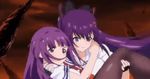  2girls animated animated_gif incest kagurazaka_ranka kagurazaka_rinka kiss multiple_girls purple_hair siblings sisters valkyrie_drive valkyrie_drive_-bhikkhuni- yuri 