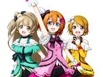  blue_eyes bow brown_eyes brown_hair hair_bow kira-kira_sensation! koizumi_hanayo kousaka_honoka kuena long_hair looking_at_viewer love_live! love_live!_school_idol_project minami_kotori multiple_girls one_side_up open_mouth orange_hair printemps_(love_live!) purple_eyes short_hair 