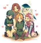  4girls belt blonde_hair blue_eyes brown_hair dress fish_girl green_hair hairband harem heart instrument link long_hair malon mashima_shima multiple_girls ocarina pointy_ears princess_ruto princess_zelda saria short_hair smile the_legend_of_zelda the_legend_of_zelda:_ocarina_of_time young_link young_zelda 