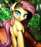  2015 absurd_res cutie_mark elzzombie equine feathered_wings feathers female feral fluttershy_(mlp) friendship_is_magic grass hair hi_res long_hair looking_at_viewer mammal my_little_pony outside pegasus pink_hair smile solo tree wings 