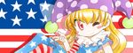  american_flag american_flag_dress american_flag_legwear blonde_hair blush_stickers clownpiece commentary_request fairy_wings hat jester_cap long_hair looking_at_viewer mizuki_hitoshi neck_ruff one_eye_closed pantyhose red_eyes smile solo striped striped_legwear touhou very_long_hair wings 