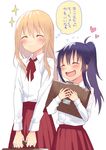  :d bag blonde_hair blush closed_eyes commentary_request doma_umaru hijiki_(hijikini) himouto!_umaru-chan long_hair motoba_kirie multiple_girls open_mouth ponytail purple_hair school_bag school_uniform size_difference skirt smile translated yuri 