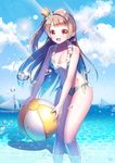  4b :d artist_name ball bangs beachball bikini bow_bikini brown_eyes brown_hair diffraction_spikes error frilled_bikini frills front-tie_bikini front-tie_top green_bikini lens_flare long_hair looking_at_viewer love_live! love_live!_school_idol_project minami_kotori one_side_up open_mouth side_bun smile solo swimsuit wading water_drop 