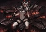  air_defense_hime bangs black_gloves breasts crazy_smile crossed_bangs gloves gods_(1073337800) grin hairband highres horns kantai_collection long_hair medium_breasts no_nipples red_eyes shinkaisei-kan sitting smile solo white_hair white_skin wide_hips 