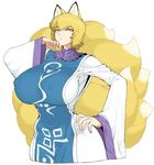  animal_ears blonde_hair breasts chromatic_aberration covered_nipples fox_ears fox_tail hand_on_hip highres huge_breasts jpeg_artifacts looking_at_viewer multiple_tails no_hat no_headwear short_hair solo space_jin tail touhou yakumo_ran yellow_eyes 