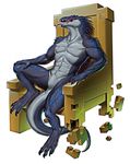  2015 abs anthro blue_scales claws digitigrade featureless_crotch grey_scales hand_on_knee lizard looking_at_viewer male multicolored_scales muscular nude open_mouth pecs red_eyes reptile rollwulf rykiz scales scalie sharp_teeth simple_background sitting smirk solo spikes teeth throne tongue tongue_out two_tone_scales white_background 