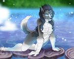  all_fours anthro blue_eyes breasts canine claws detailed_background female fur hair ladyduskfall_(artist) long_hair looking_at_viewer mammal nude smile solo toe_claws video_games warcraft water were werewolf werwolf white_fur worgen world_of_warcraft 