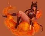  ahri animal_humanoid boots brown_hair canine clothed clothing female fire footwear fox fox_humanoid hair human humanoid hybrid league_of_legends long_hair looking_at_viewer mammal multiple_tails solo source_request unknown_artist video_games yellow_eyes 