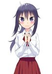  blush hands_clasped hijiki_(hijikini) himouto!_umaru-chan long_hair looking_at_viewer messy_hair motoba_kirie own_hands_together ponytail purple_eyes purple_hair school_uniform simple_background skirt solo wavy_mouth white_background 