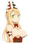  bare_shoulders blonde_hair blush bow bowtie braid breasts detached_collar green_eyes hair_ornament large_breasts long_hair looking_at_viewer mota nippleless_clothes nipples original simple_background solo upper_body white_background 