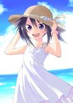  :d bare_arms bare_shoulders blush bracelet collarbone day dress hair_between_eyes hands_on_headwear hat hijiki_(hijikini) himouto!_umaru-chan jewelry long_hair looking_at_viewer motoba_kirie ocean open_mouth outdoors ponytail purple_eyes purple_hair sleeveless sleeveless_dress smile solo straw_hat sun_hat sundress water white_dress 