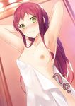  ahoge armpits arms_behind_head arms_up blush breasts cccpo commentary_request duplicate dutch_angle embarrassed green_eyes hataraku_maou-sama! highres long_hair naked_towel nipples red_hair small_breasts solo towel towel_slip wet white_towel yusa_emi 