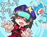  black_hair blue_hair closed_eyes dress hair_ornament hair_rings hair_stick hat jiangshi kaku_seiga miyako_yoshika multiple_girls ofuda open_mouth outstretched_arms shinapuu short_hair skirt smile star touhou vest zombie_pose 