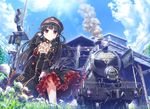  bangs black_dress black_hair blue_sky blunt_bangs cloud covering covering_crotch cravat cura day dress flower frilled_dress frills from_below grass ground_vehicle hachiroku_(maitetsu) hand_in_hair hat highres lens_flare locomotive long_sleeves looking_at_viewer maitetsu outdoors peaked_cap railroad_signal red_eyes signal skirt skirt_tug sky smile smoke smokestack solo steam_locomotive sunlight train train_station wind wind_lift 