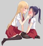  assertive black_legwear blonde_hair blush brown_eyes chin_grab commentary_request doma_umaru eye_contact hijiki_(hijikini) himouto!_umaru-chan imminent_kiss long_hair looking_at_another messy_hair motoba_kirie multiple_girls open_mouth pantyhose ponytail purple_eyes purple_hair school_uniform seiza simple_background sitting skirt smile thighhighs wariza wavy_mouth yuri 