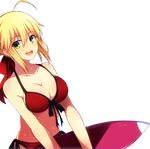  ahoge bikini blonde_hair breasts cleavage extraction fate/extra fate_(series) green_eyes hair_ribbon highres jianren large_breasts looking_at_viewer nero_claudius_(fate) nero_claudius_(fate)_(all) open_mouth red_bikini red_ribbon ribbon solo swimsuit transparent_background wet 