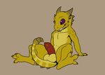  alternate_species anthro balls barefoot chimpyevans erection excited grin horn humanoid_penis kobold korichi looking_at_penis male nude penis purple_eyes reclining scalie solo spines spread_toes 