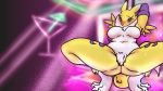  2019 absurd_res anthro armwear badassbaal big_breasts black_sclera blue_eyes blush breasts canid canine clothing dancing digimon digimon_(species) elbow_gloves featureless_crotch female fur gloves hi_res mammal navel nude pole pole_dancing renamon solo spread_legs spreading stripper_pole tuft wallpaper yellow_fur 