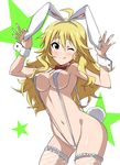  ;q ahoge animal_ears blonde_hair bow bowtie breasts bunny_ears bunny_tail cleavage covered_nipples fake_animal_ears fake_tail fishnet_legwear fishnets green_eyes highres hoshii_miki idolmaster idolmaster_(classic) long_hair looking_at_viewer medium_breasts navel one_eye_closed slingshot_swimsuit solo swimsuit tail thighhighs tokiani tongue tongue_out wrist_cuffs 