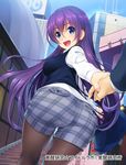  :d ass black_legwear blue_eyes breasts building fashion highres holding_hands kakusei_kenkyuu_idol_lab large_breasts legwear_under_shorts long_hair open_mouth out_of_frame pantyhose pantyhose_under_shorts plaid plaid_shorts pov pov_hands purple_hair shorts smile solo_focus stairs sweater_vest wacchi 