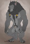  4_toes abs anthro balls big_muscles black_hair black_nose canine claws digitigrade ear_piercing explicital fangs fur genital_piercing grey_fur hair human male mammal muscular nude pecs piercing scrotum_piercing sheath simple_background solo standing toes toned were werewolf yellow_eyes 