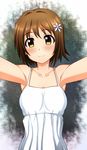  bad_id bad_pixiv_id blush brown_eyes brown_hair dress flower hair_flower hair_ornament highres idolmaster idolmaster_cinderella_girls kenken looking_at_viewer mimura_kanako pov shine!! short_hair sleeveless smile solo 