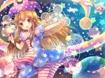  american_flag_dress american_flag_legwear blonde_hair canadian_flag clownpiece dutch_flag earth fairy_wings hat jester_cap long_hair magic_circle moon open_mouth pantyhose pjrmhm_coa red_eyes smile solo striped striped_legwear torch touhou very_long_hair wings 