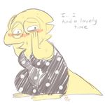  alphys blush breasts buckteeth clothing dialogue dress english_text eyewear female glasses looking_at_viewer monster mt scales solo sweat teeth text undertale yellow_scales 