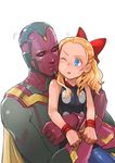  1girl android blonde_hair blue_eyes bow cheek-to-cheek cheek_press closed_eyes flat_chest genderswap genderswap_(mtf) hair_bow hug marvel nikumeron one_eye_closed thor_(marvel) vision_(marvel) 