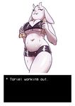  big_breasts breasts caprine chubby cleavage clothed clothing english_text eyelashes eyes_closed fangs female fur goat johndoe-art mammal mature_female monster shorts smile solo sweat text toriel towel under_boob undertale white_fur 