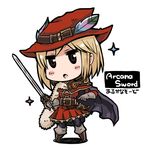  :o arcane_sword_(granblue_fantasy) belt black_legwear blonde_hair blush_stickers boots brown_eyes brown_footwear cape chibi djeeta_(granblue_fantasy) dress es_(eisis) feathers full_body gloves granblue_fantasy grey_gloves hat hat_feather holding holding_sword holding_weapon open_mouth pantyhose red_dress short_hair simple_background solo sword v-shaped_eyebrows weapon white_background 